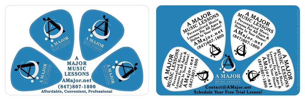 A Major Music pikcards. Business cards that work as actual guitar picks.